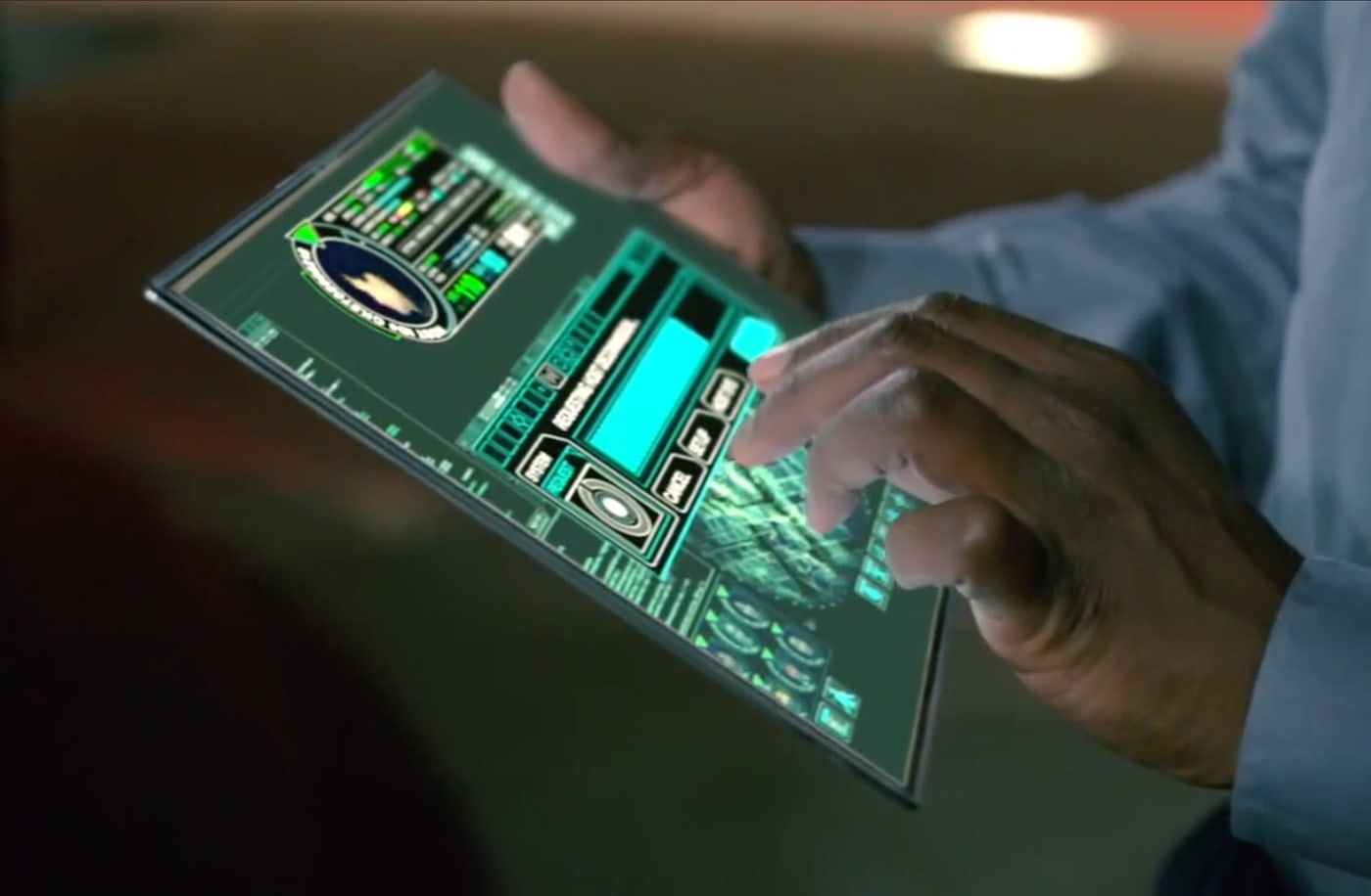 The Delos pad itself: a sheet of glass w/ status bars + thumbnail tiles. (Westworld, HBO; screen-graphics team)